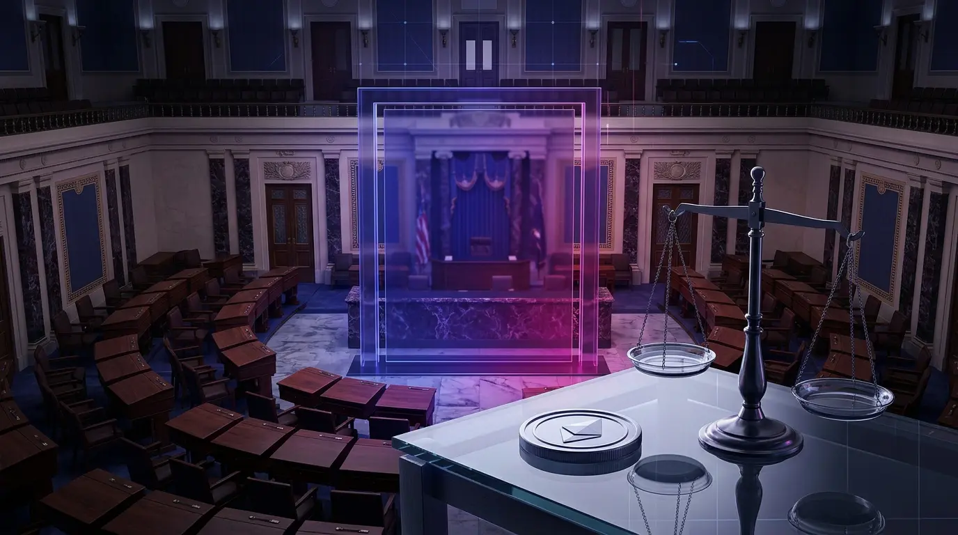 Abstract Senate vote barrier with crypto token and ethics scale in indigo and magenta lighting