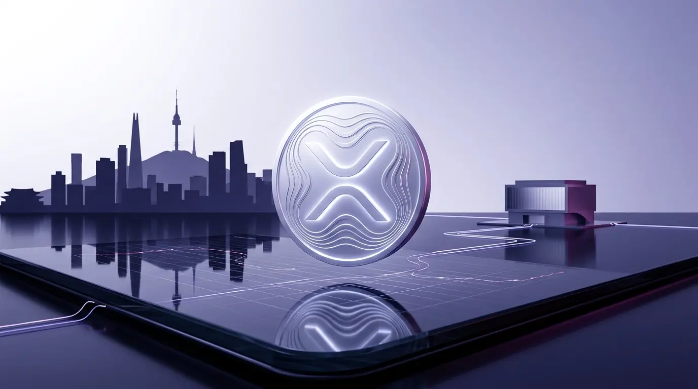 Abstract XRP-inspired coin over Seoul and financial market imagery, representing Ripple's Korea return and Nasdaq ambitions
