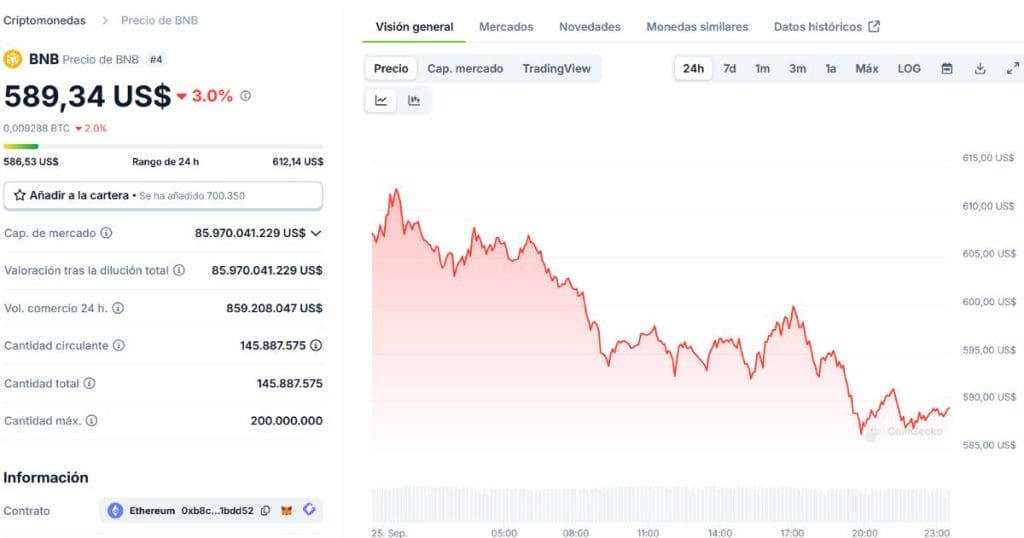 BNB no fue capaz de sostenerse por encima de los 600 d&oacute;lares