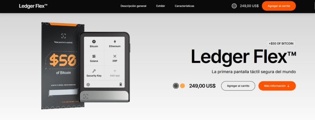 Ledger Flex se puede adquirir por 249 d&oacute;lares con un bono de 50 d&oacute;lares en Bitcoin.