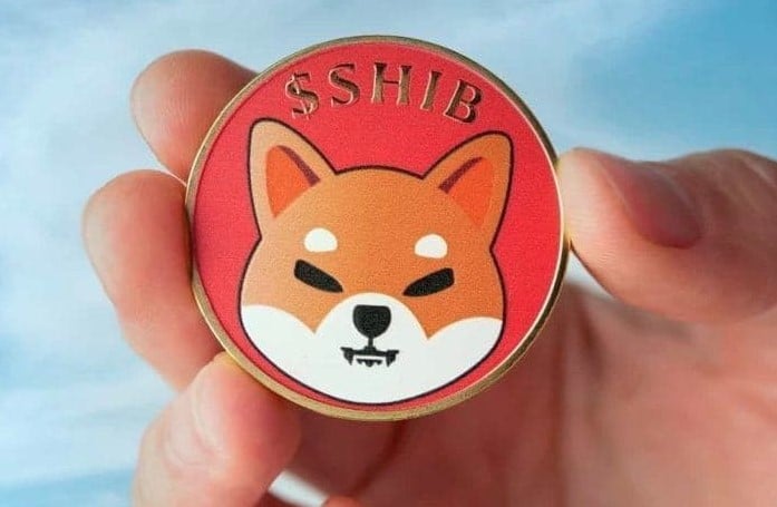 Uma mão segurando uma moeda com a imagem da Cripto Shiba inu