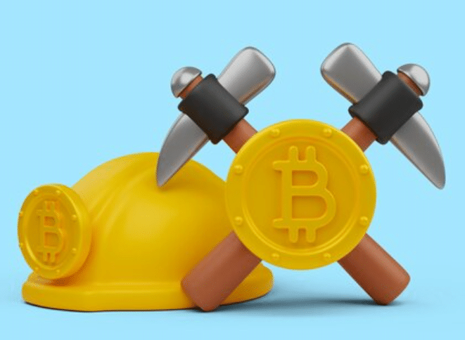 Imagem mostra um capacete e duas ferramentas de mineraçãp com uma criptomoeda ao meio