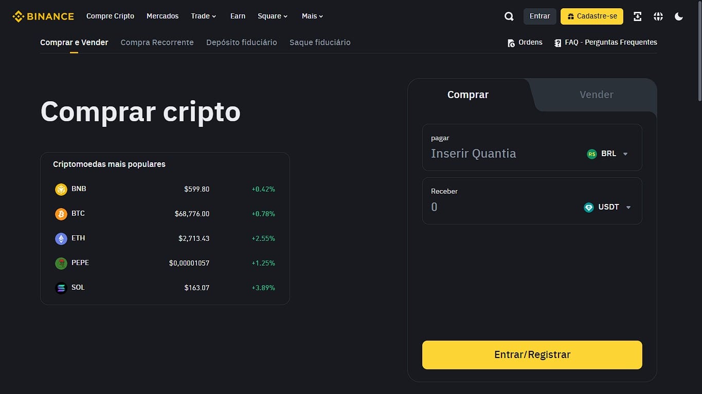 imagem da pagina de comprar criptomoedas na Binance