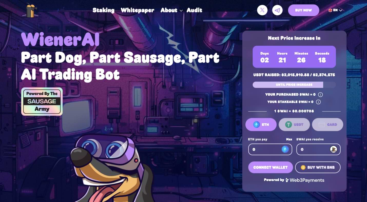 Första månadens investerare bidrar med $2 miljoner till ICO för den nya tradingpartnern och AI-korvhunden WienerAI (WAI)