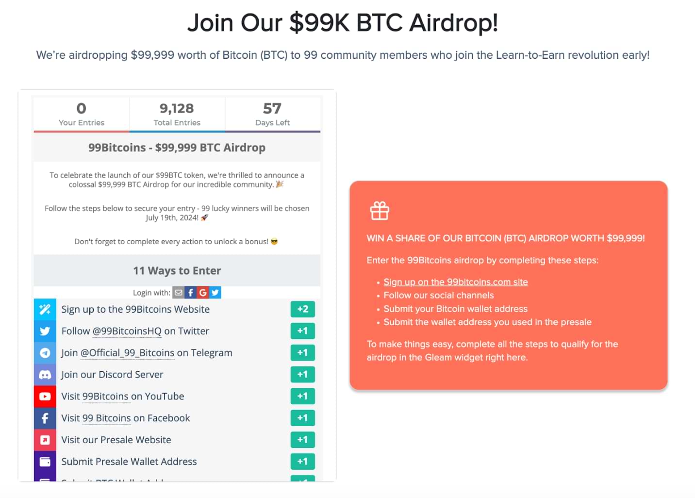 99Bitcoins delar ut $99,999 BTC till den som investerar tidigt i f&ouml;rk&ouml;pet