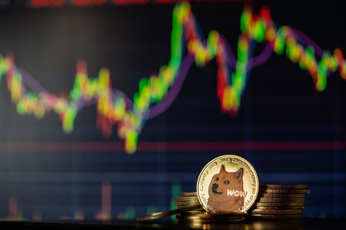 Dogecoin kurs med graf i bakgrunnen og Doge mynt