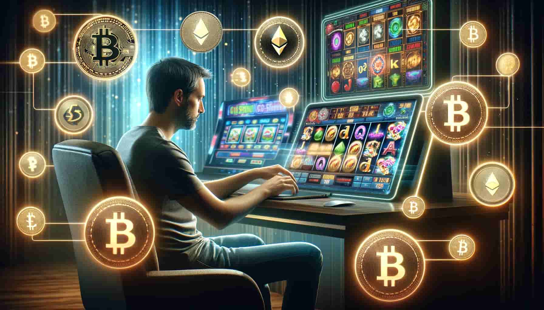 En mann som spiller med bitcoin på krypto casino spilleautomater
