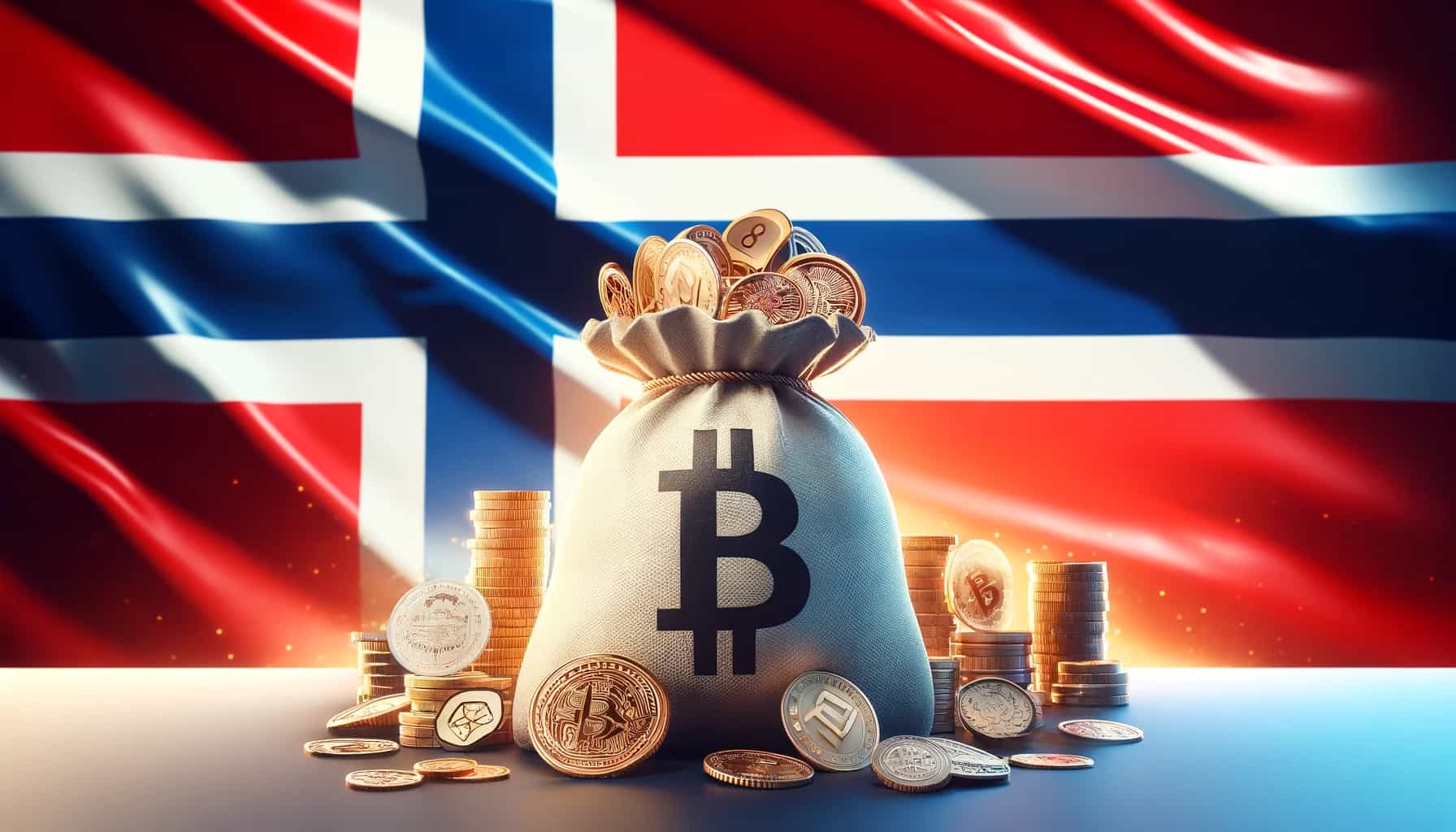 Skatt på krypto i Norge, bitcoin foran et norsk flagg