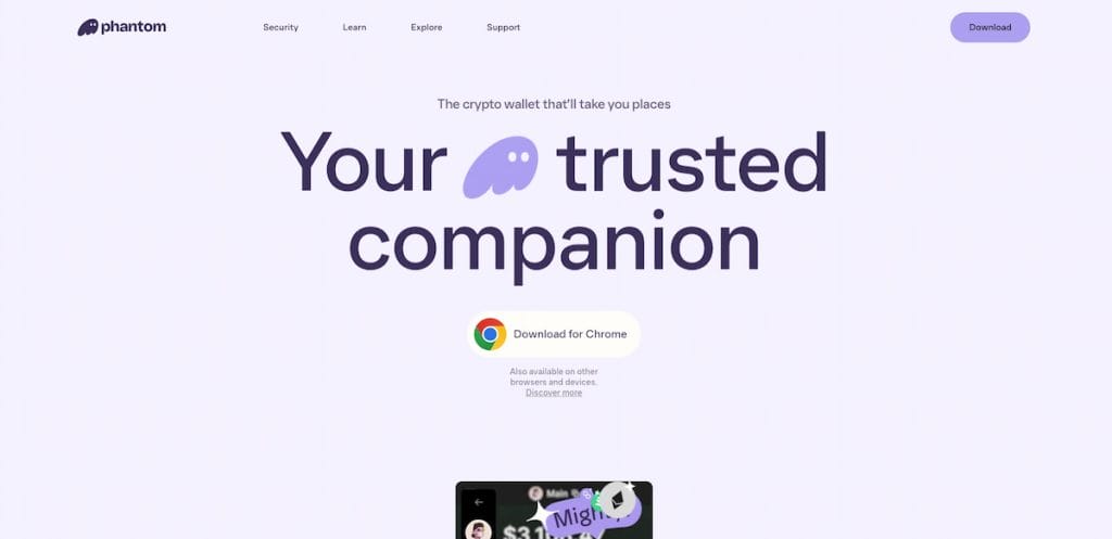 Phantom Wallet extension nettside for nedlastning til Chrome