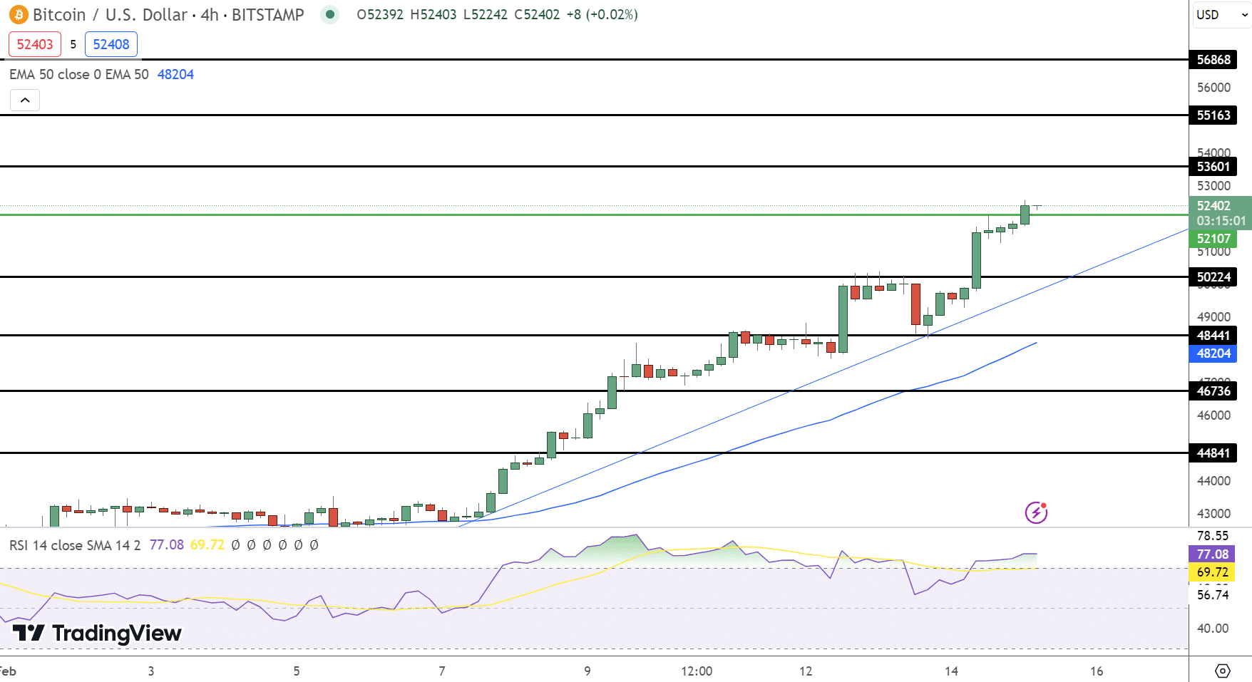 Bitcoin hintaennuste kaavio 15.2.2024