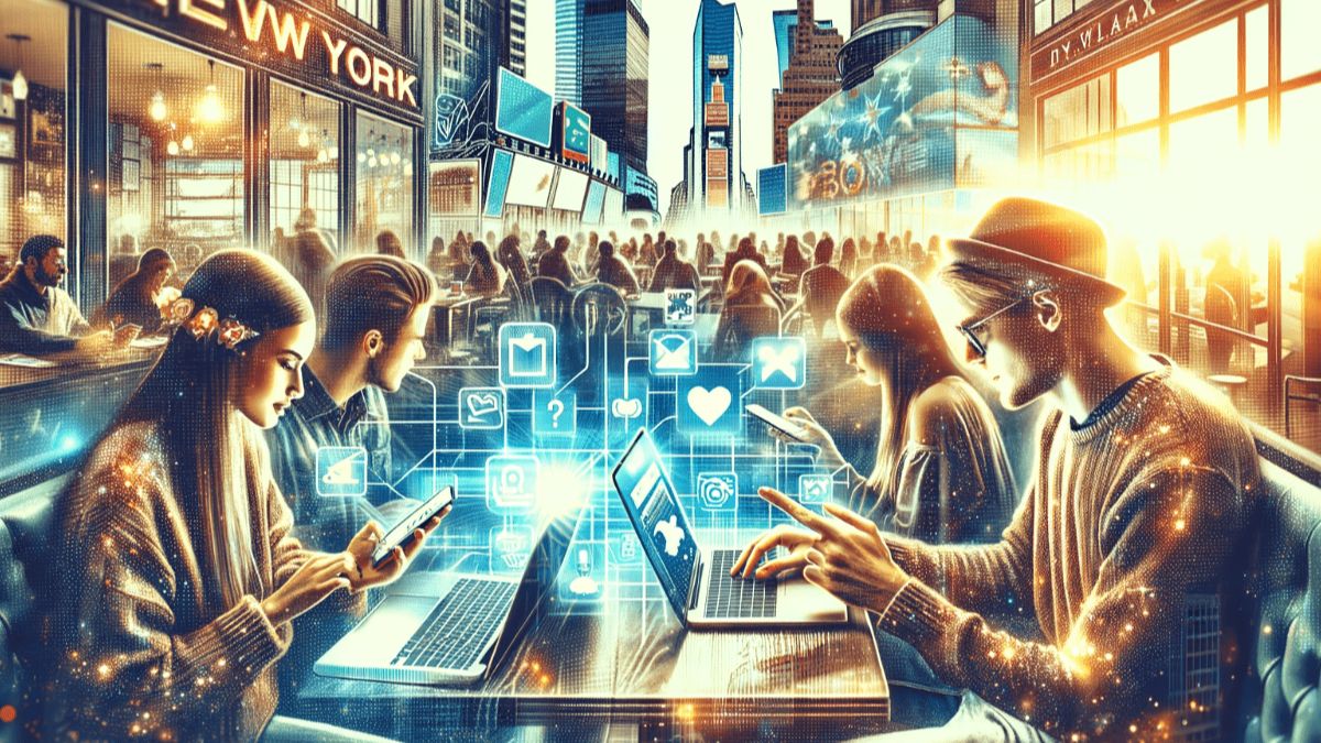 Hajautettu sosiaalinen media. Tekoälyn tekemä kuvituskuva, jossa ihmiset istuvat pöydän ääressä tietokoneillaan New Yorkin kadulla.