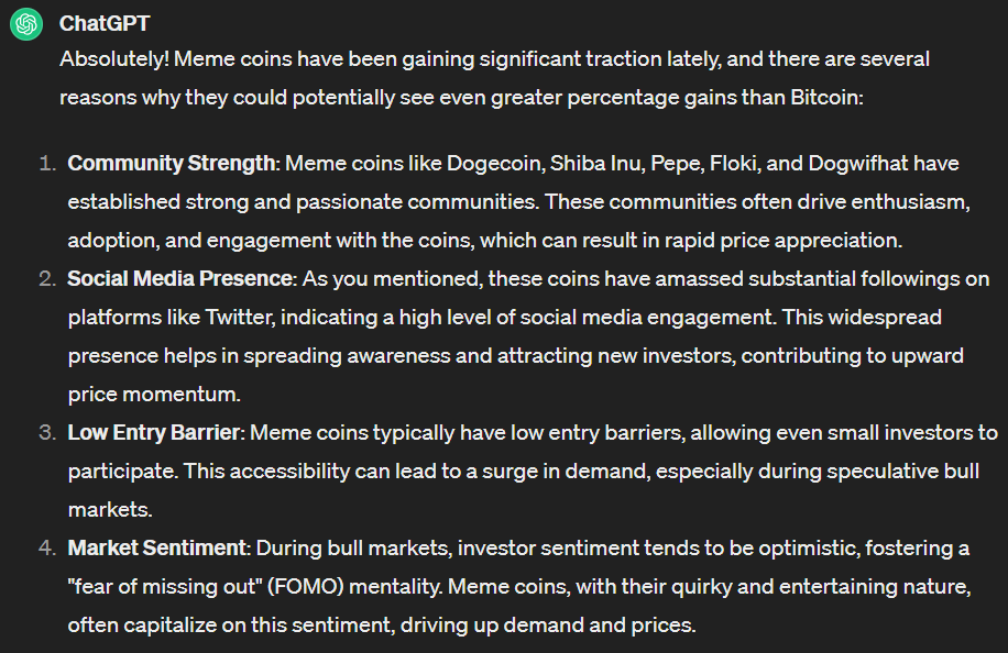 ChatGPT:n selitys meemikolikoiden menestykseen.