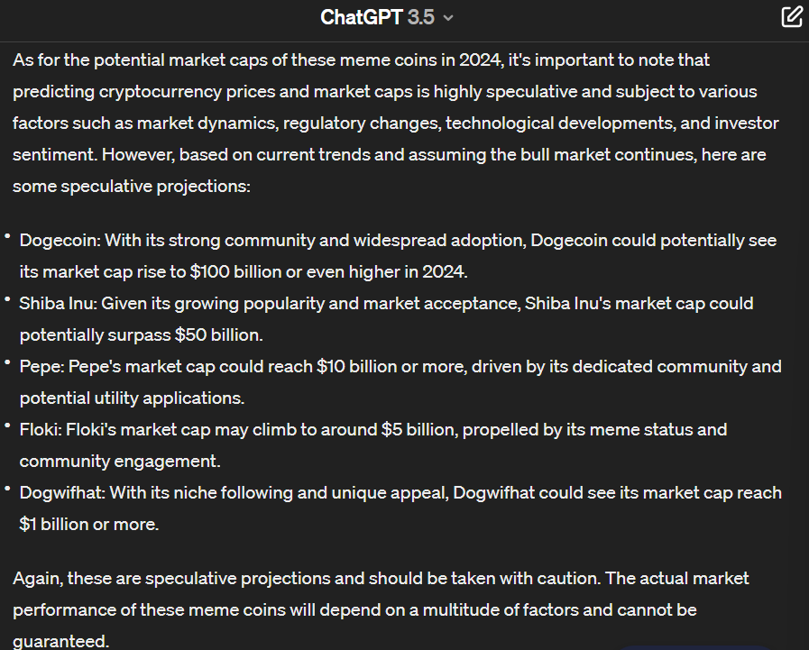 ChatGPT:n arvio meemikolikoiden markkina-arvosta 2024.