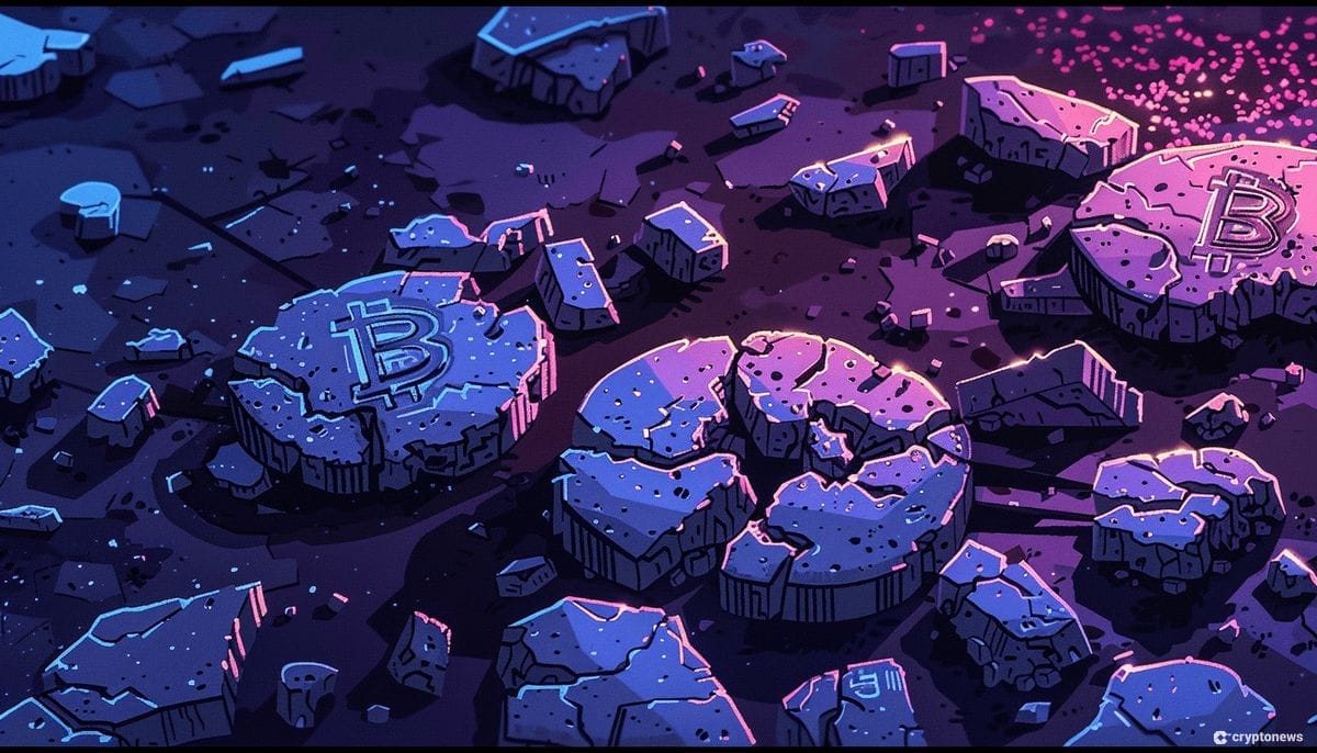 Kivisiä suuria bitcoin-kolikoita rikkinäisinä maassa. Kuvituskuva.