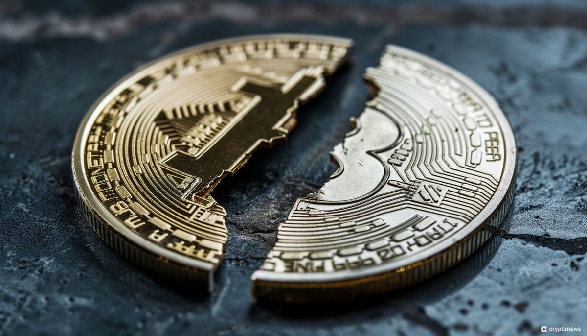 Bitcoin halving tapahtuu todennäköisesti 19.4.2024. Kuvassa halkaistu bitcoin-kolikko.