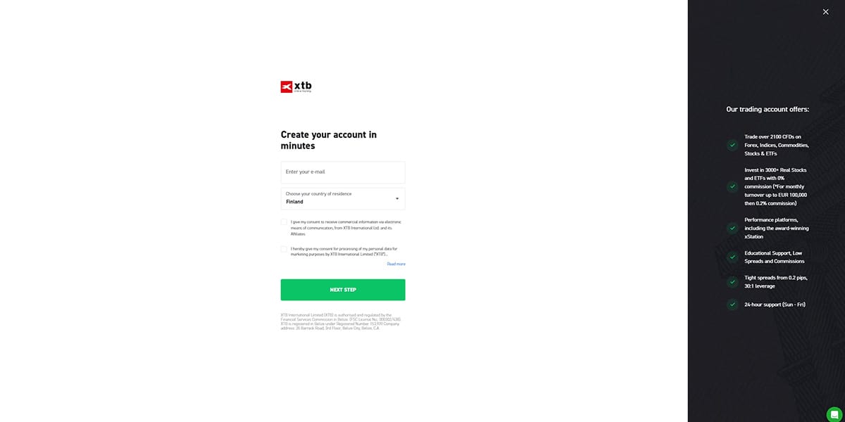 XTB rekisteroityminen alkaa syöttämällä sähköpostiosoite haluttuun kenttään