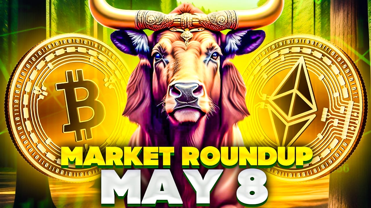 Bitcoin hintaennuste 8.5.2024 kuvituskuva, jossa härkä ja kryptovaluuttoja