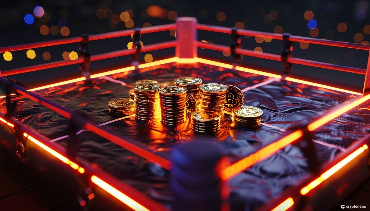 Andrew Tate ja Ansem -tappeluhaasteen kuvituskuvassa nyrkkeilykehä ja kryptokolikoita.