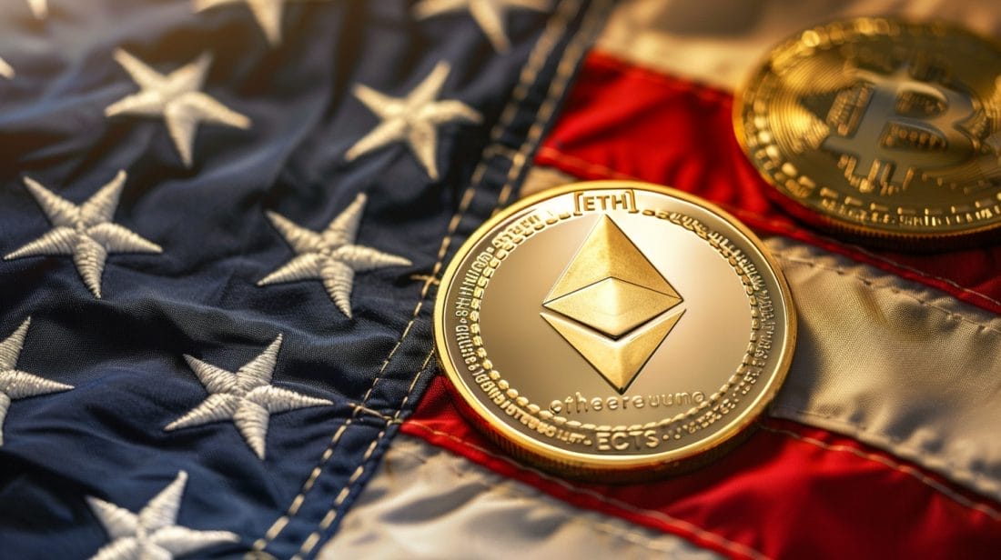 Spot Ethereum ETF -kuvituskuvassa Ether-kolikko ja USA:n lippu.