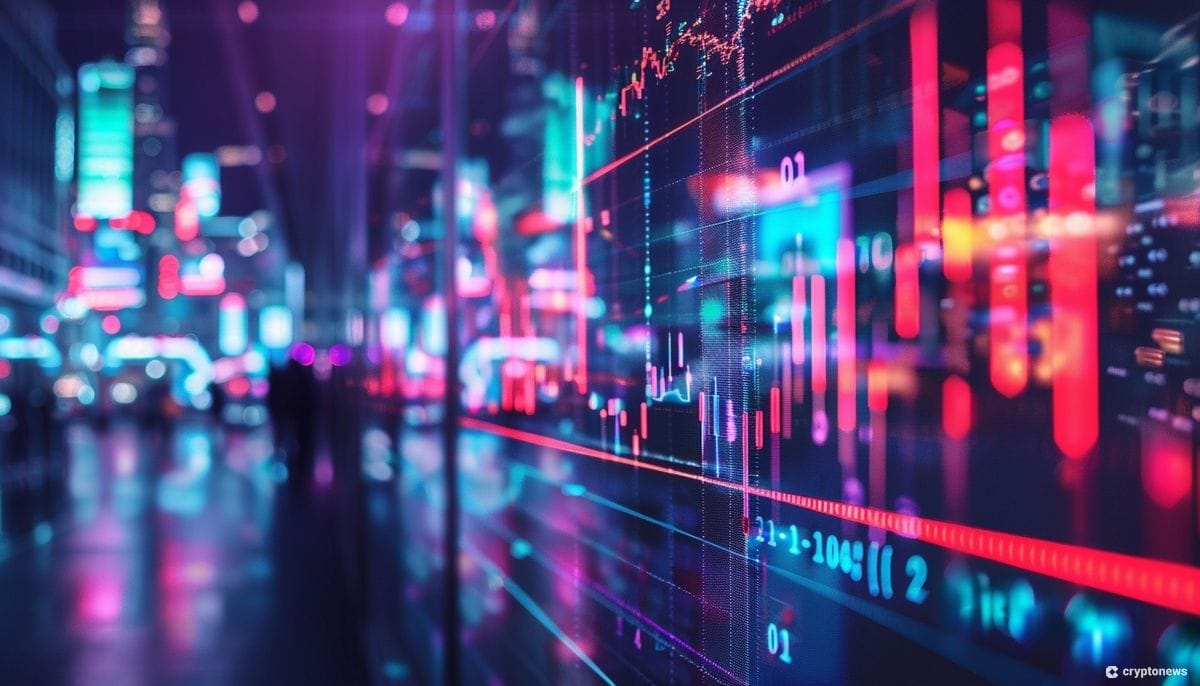 Bitcoin kuvituskuvassa pörssikursseja ja kaupunkimaisema