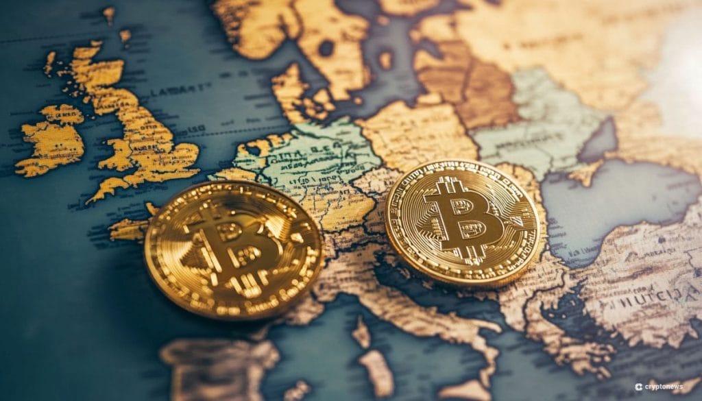 Kryptovaluutta Keski-Eurooppa -tutkimuksen kuvituskuvassa kolikoita ja Euroopan kartta.