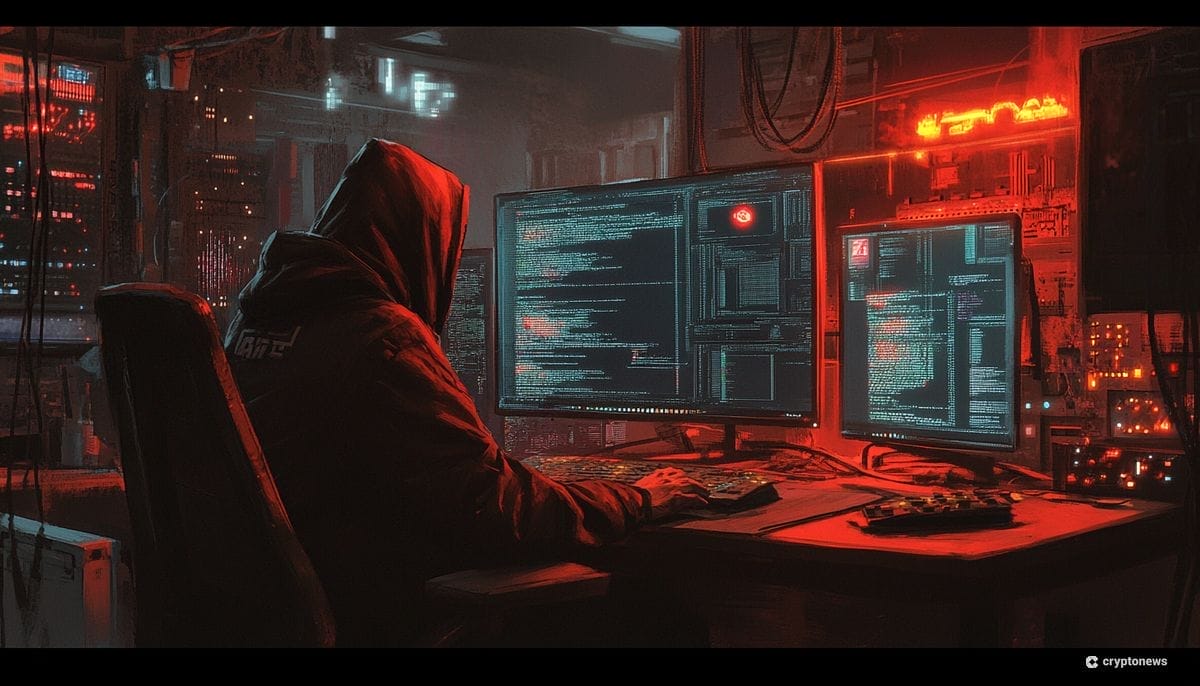 Kryptohuijaukset kuvituskuvassa hakkeri huppari päällä tietokoneen äärellä.