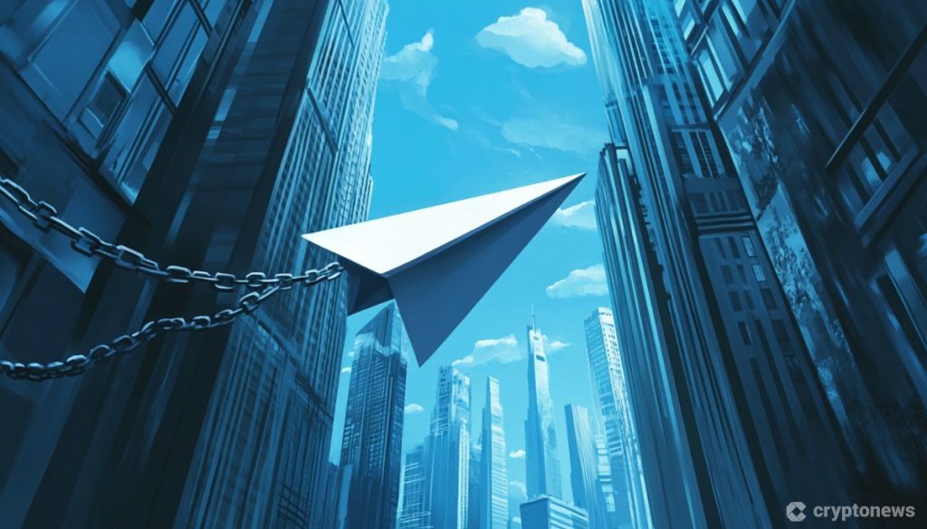 Telegram logo (paperilennokki) lentää futuristisessa kaupunkimaisemassa.