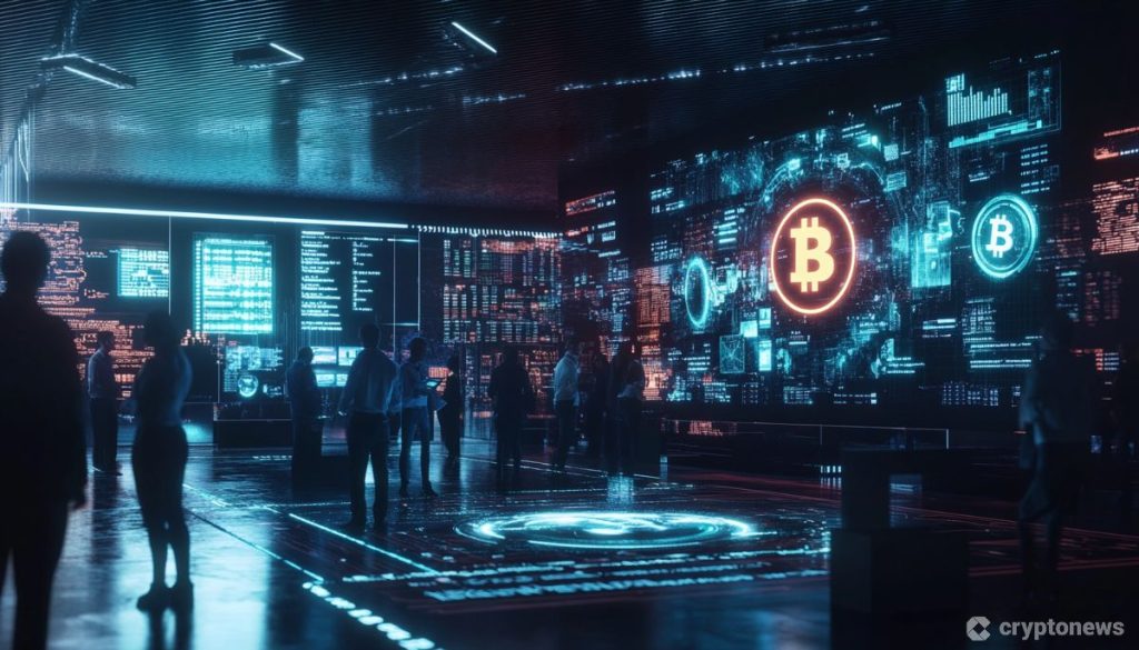 CBDC kuvituskuvassa toimistomaisema, jossa suuri näyttö seinällä. Näytössä Bitcoin logo.