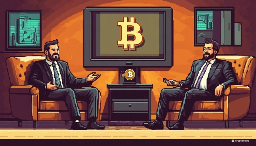 Bitcoin keskustelu meneillään televisiossa, piirroskuva.
