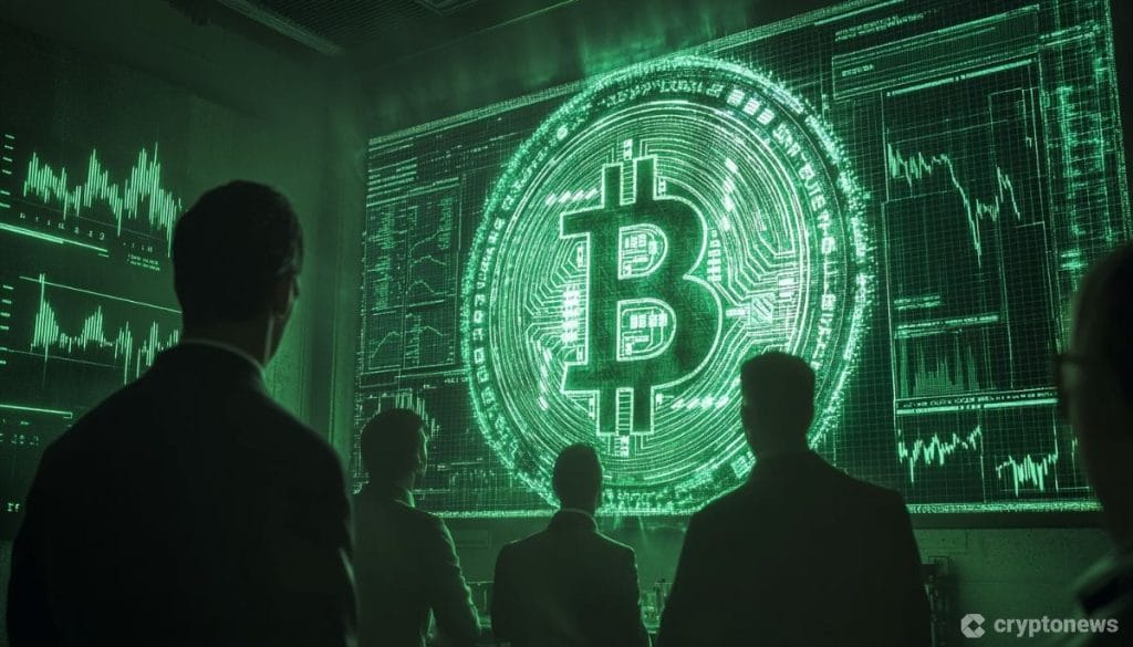 Bitcoin logo isona vihreänä seinällä, jota ihmishahmot tuijottavat.