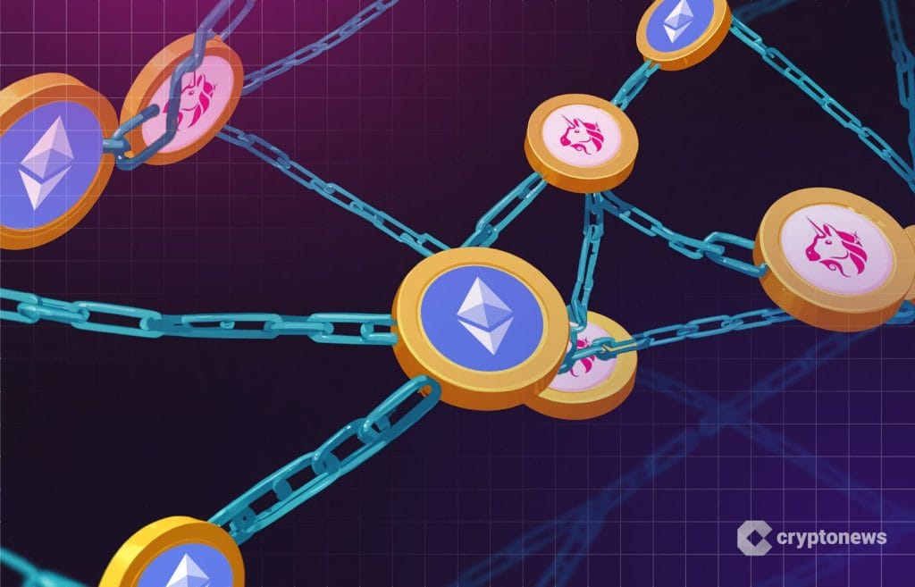 Ethereum ketjun kuvituskuvassa piirretty ketju, jossa ethereum logoja.