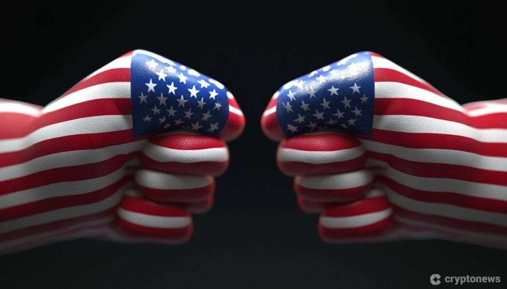 Presidentinvaalit-vedonlyönti herättää tunteita USA:ssa. Kuvassa kaksi nyrkkiä vastakkain Yhdysvaltain lipun väreissä.