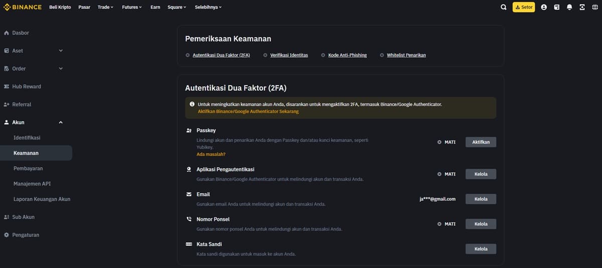 Keamanan akun Binance