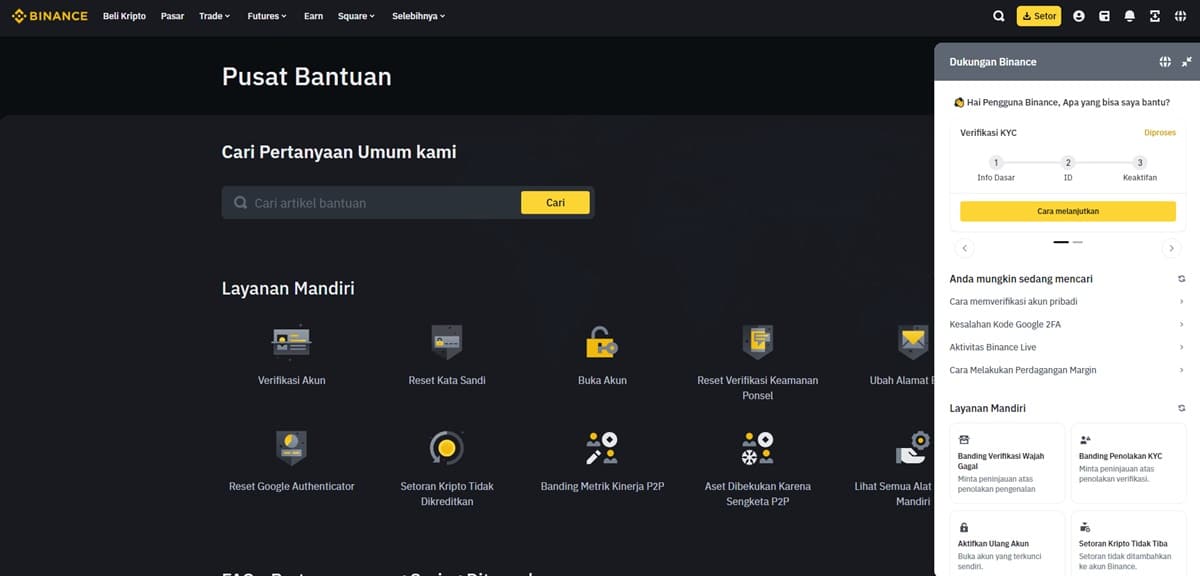 Pusat dukungan pelanggan Binance