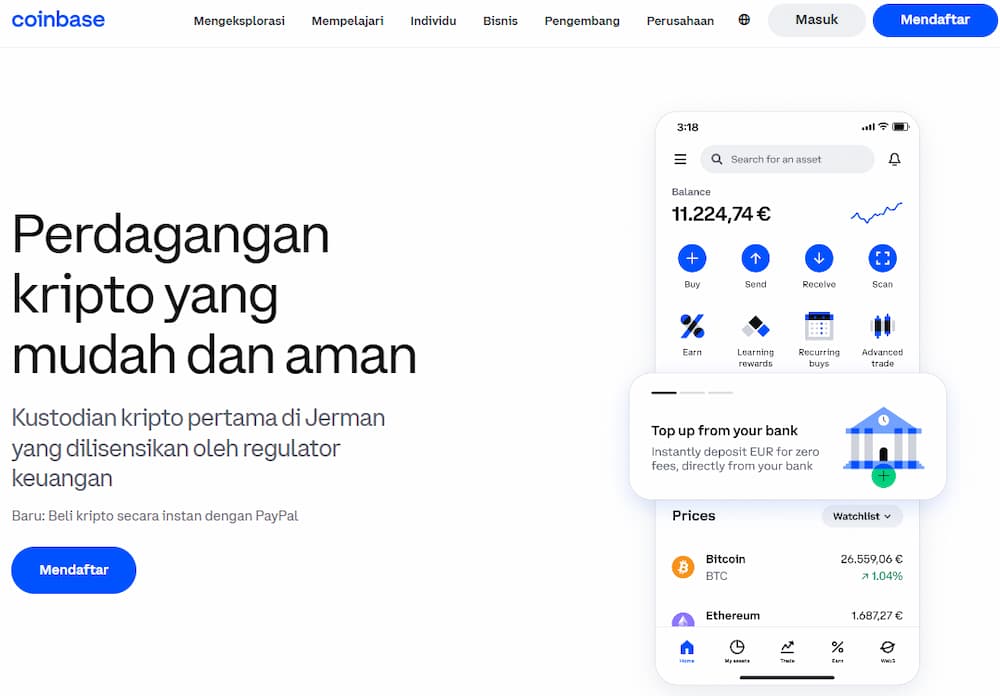 Coinbase - fiat-to-crypto yang memiliki reputasi baik