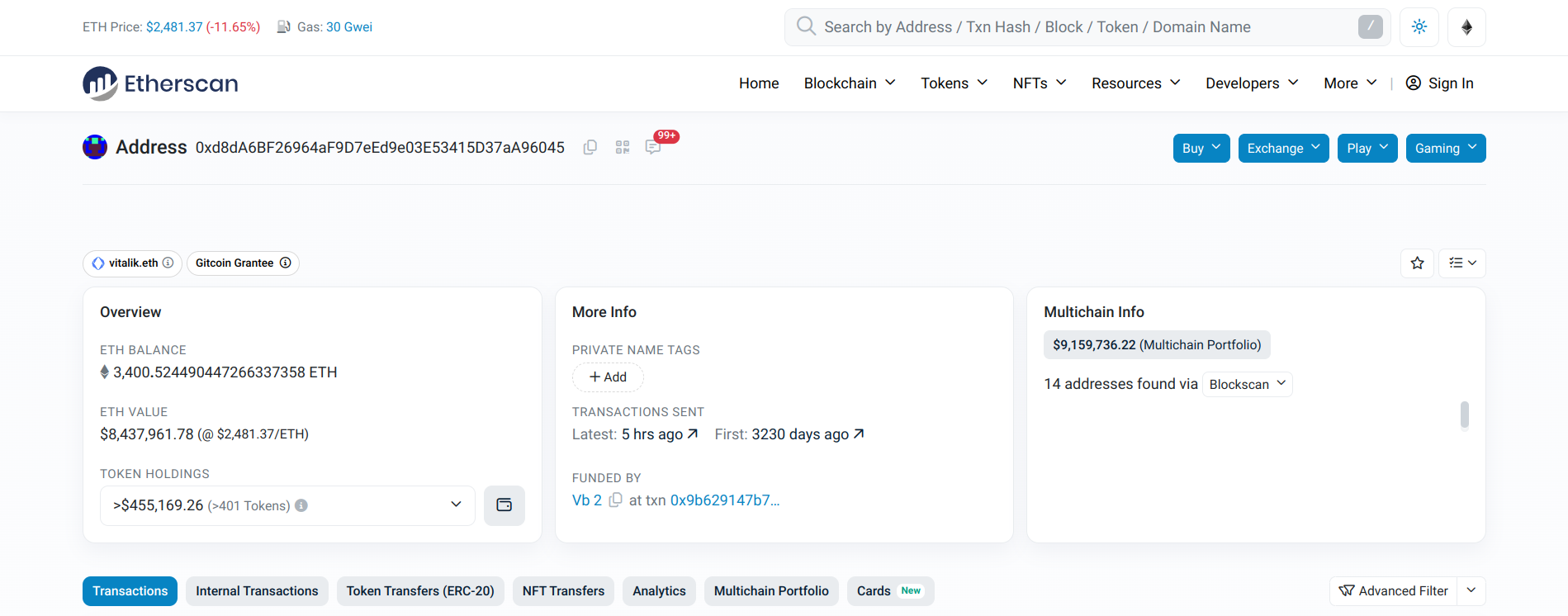 Aktivitas Dompet Vitalik - Etherscan