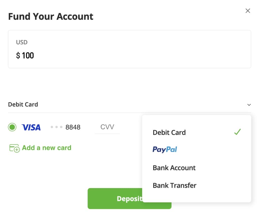 nạp tiền trên eToro