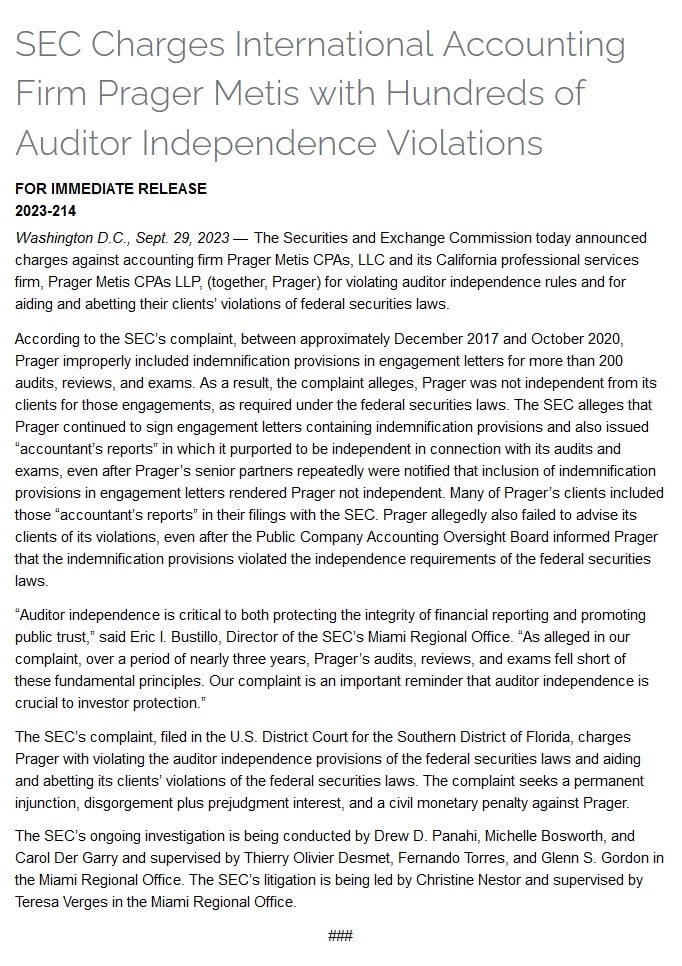 Communiqu&eacute; de presse de la SEC