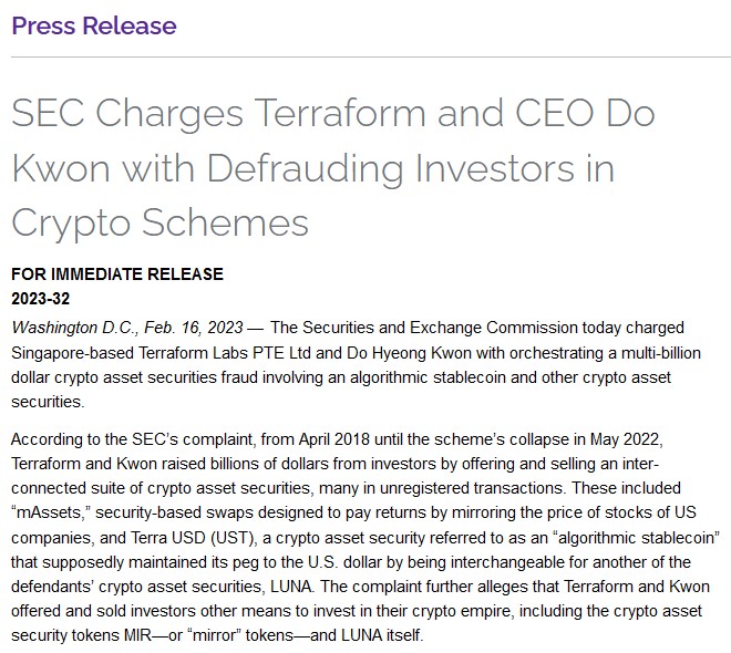 Accusations de la SEC &agrave; l'encontre de terraform et de son PDG Do Kwon