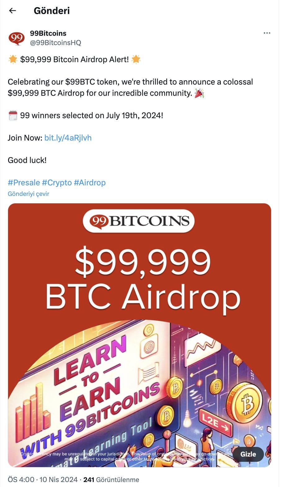 99 bitcoins tweet X