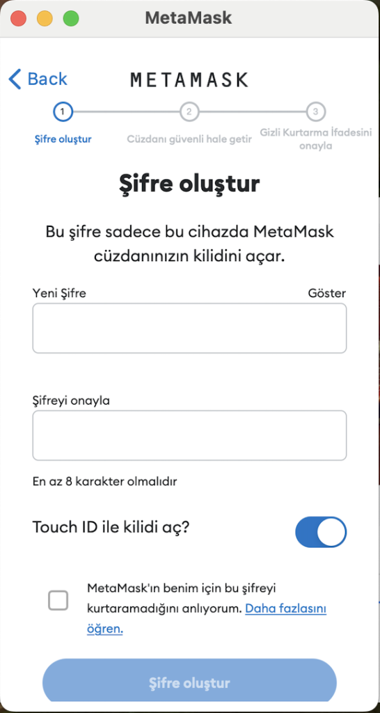 Metamask şifre oluşturma