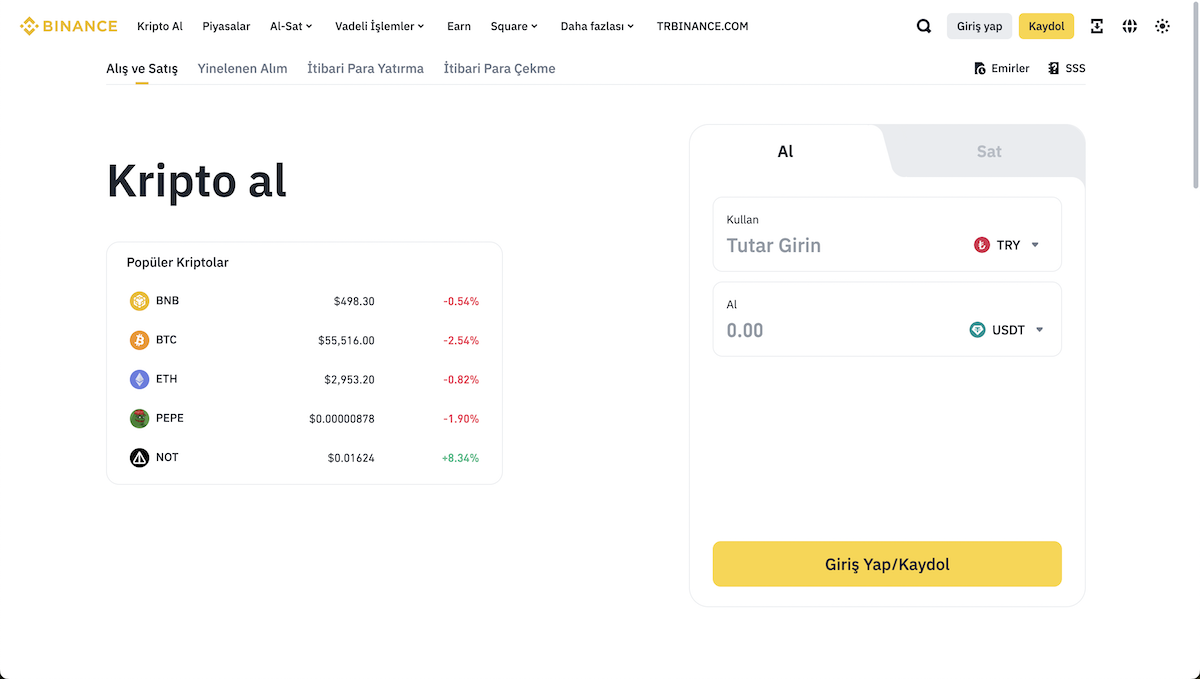 Binance'ten kripto al