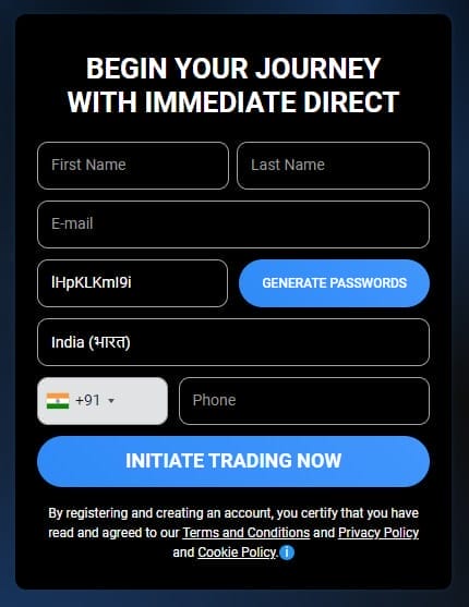 Immediate Direct kayıt ve hesap kurulumu