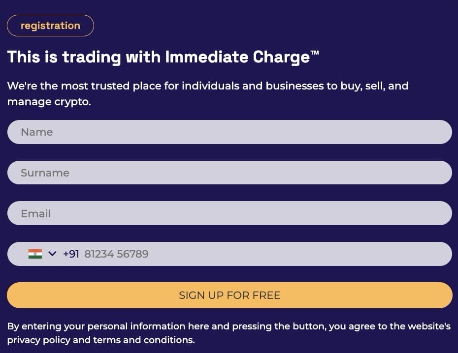 Immediate Charge kayıt sayfası