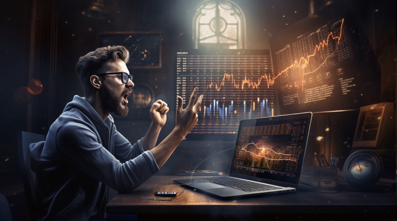 PCのローソク足チャートと見て狂喜する男