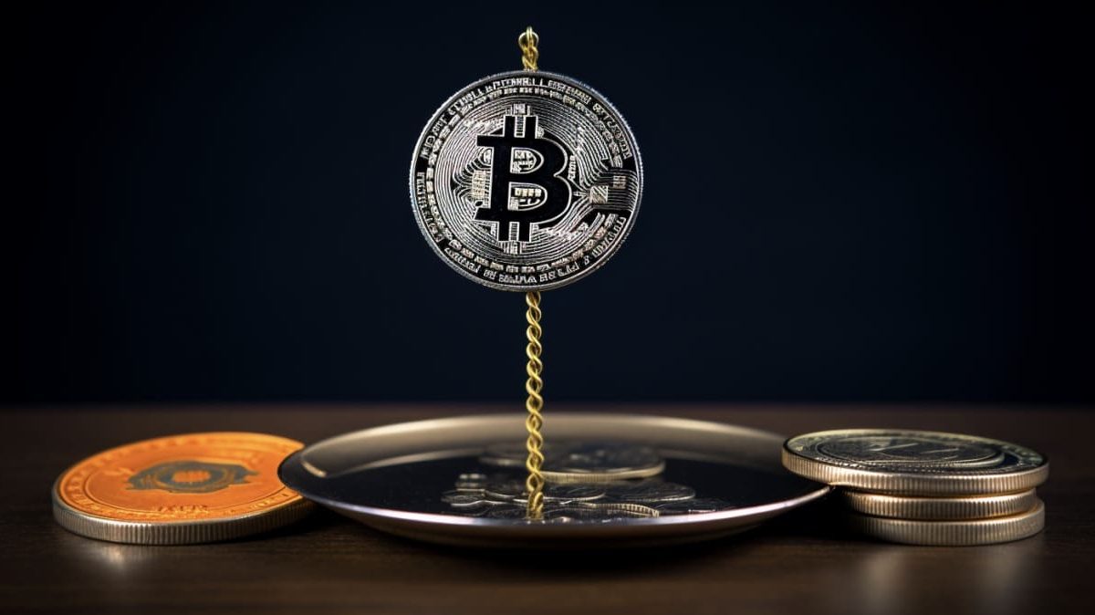 串刺しになったビットコインとトレー