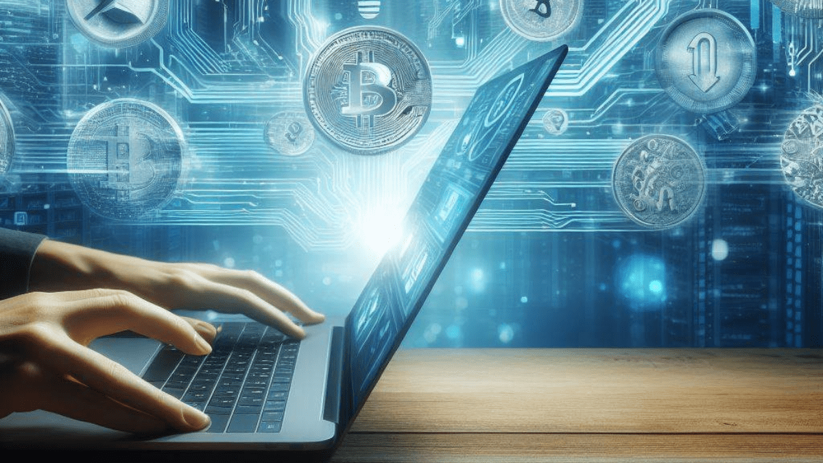 PCで仮想通貨取引を行なっている男性とアルトコインの背景