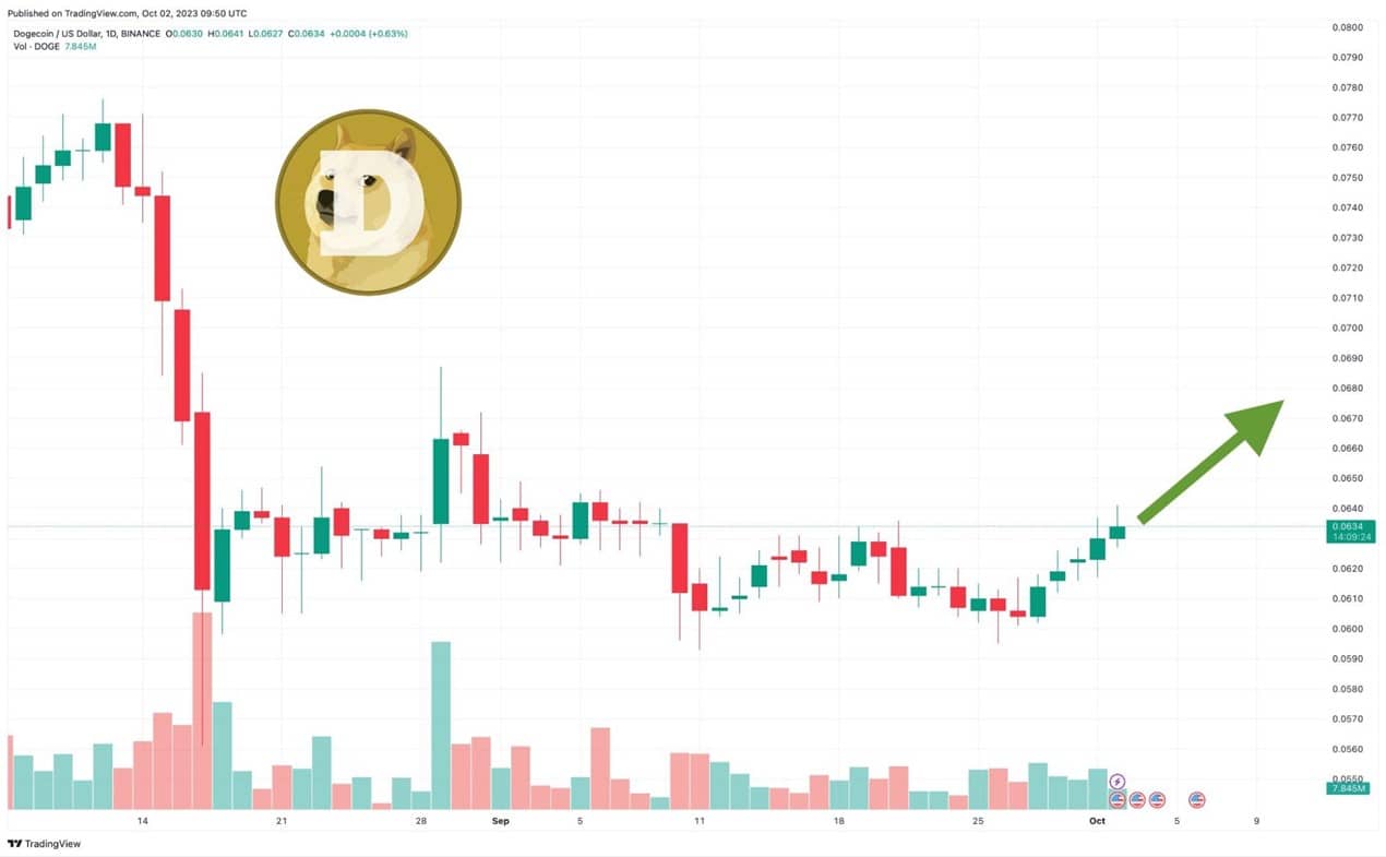 ドージコイン、かぼすちゃんの顔と、価格チャートのローソク足