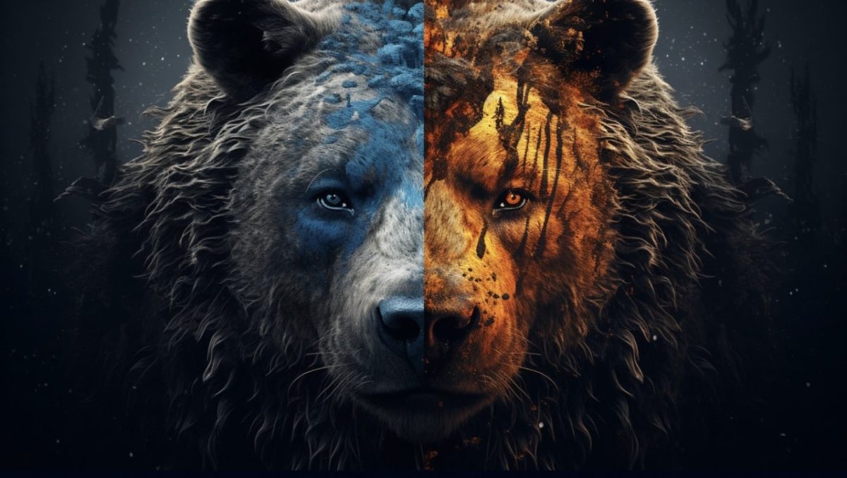 顔半分が陰陽のトーンで区分けされた熊(ベア)