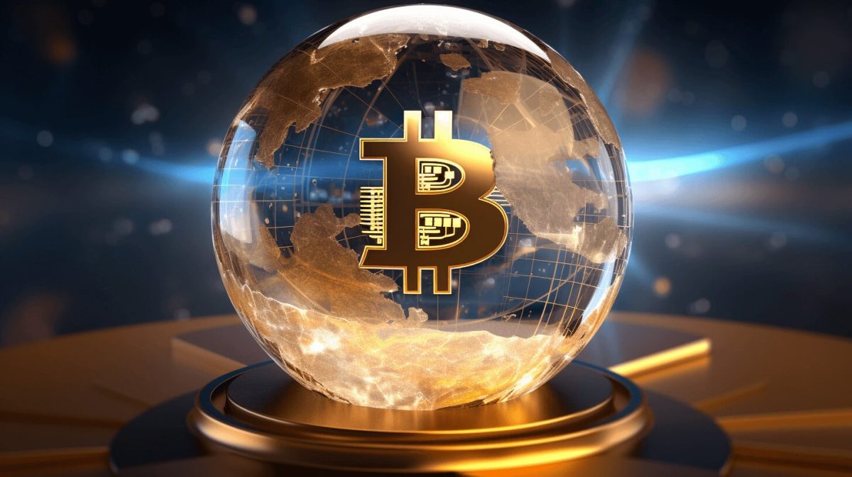 ビットコインのシンボルが映り込んでいる透明な地球儀